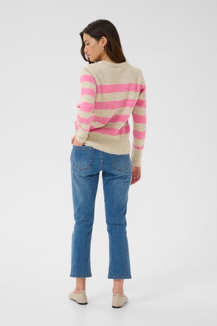 Kaffe trui beige met roze gestreept KAniel striped pullover pink feather gray