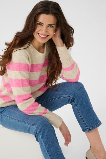 Kaffe trui beige met roze gestreept KAniel striped pullover pink feather gray