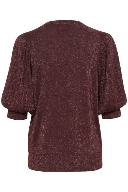 Kaffe truitje korte mouw met glitter bordeaux bruin KAregina pleat pullover fudge