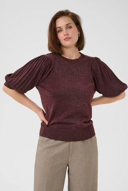 Kaffe truitje korte mouw met glitter bordeaux bruin KAregina pleat pullover fudge