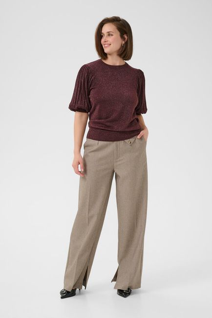 Kaffe truitje korte mouw met glitter bordeaux bruin KAregina pleat pullover fudge