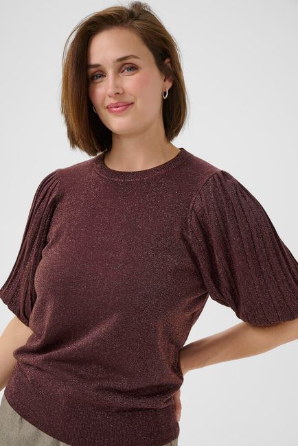Kaffe truitje korte mouw met glitter bordeaux bruin KAregina pleat pullover fudge