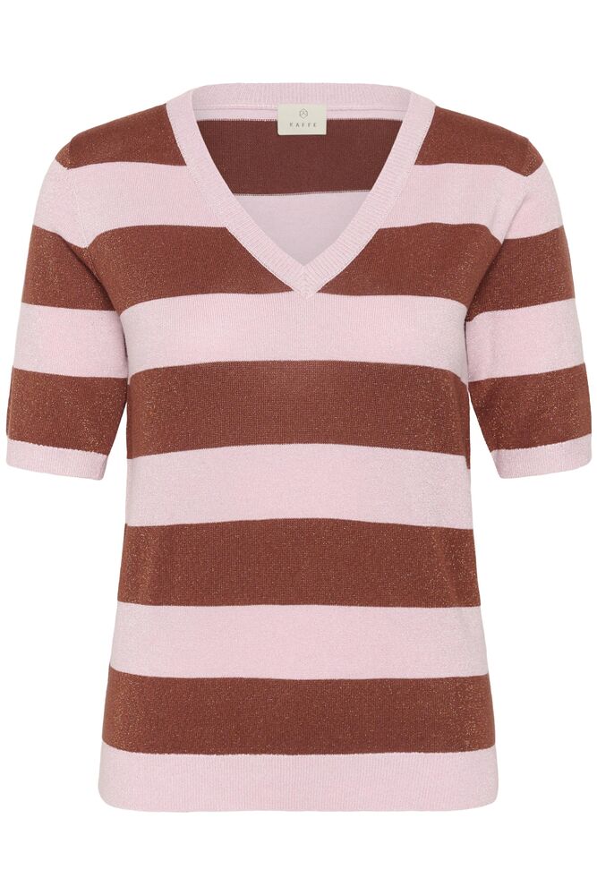 Kaffe trui korte mouw roze met roest bruin gestreept glitter detail model KAregina striped V-Neck Henna Ballerina