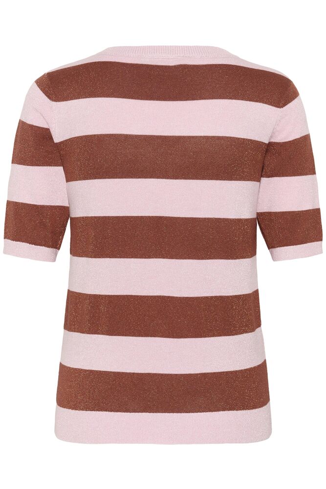 Kaffe trui korte mouw roze met roest bruin gestreept glitter detail model KAregina striped V-Neck Henna Ballerina