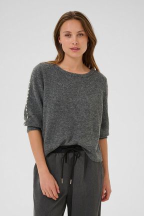 Kaffe trui grijs met parels driekwart mouw model KaBetty pullover grey melange