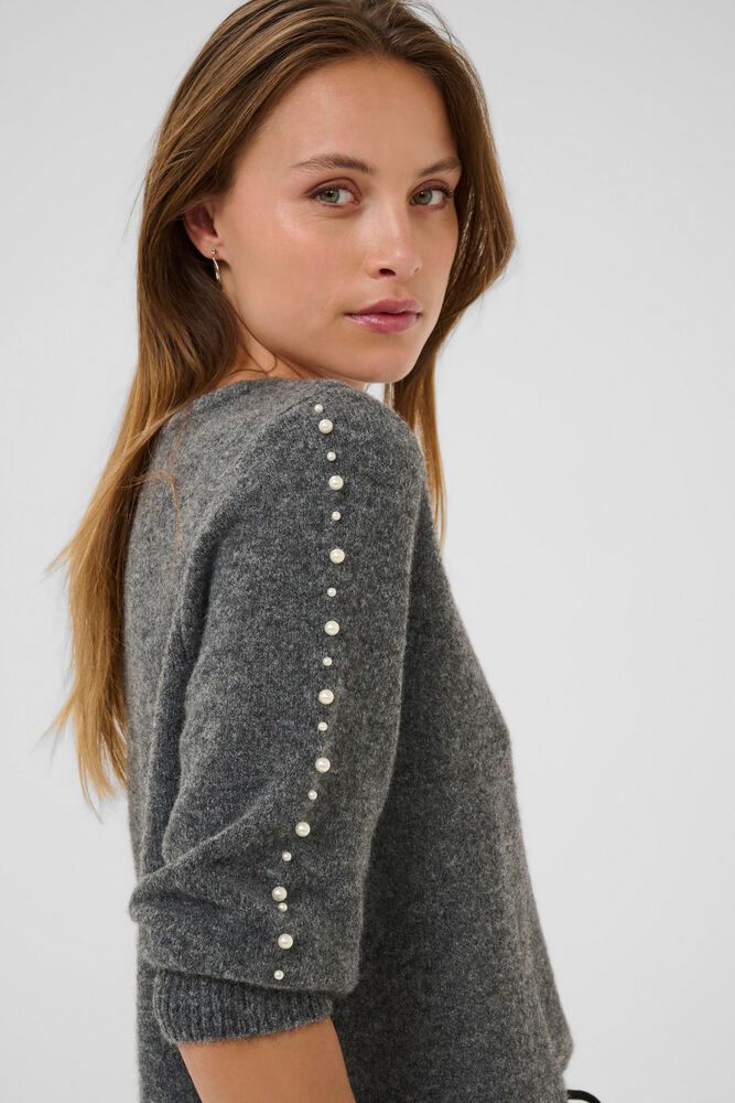 Kaffe trui grijs met parels driekwart mouw model KaBetty pullover grey melange