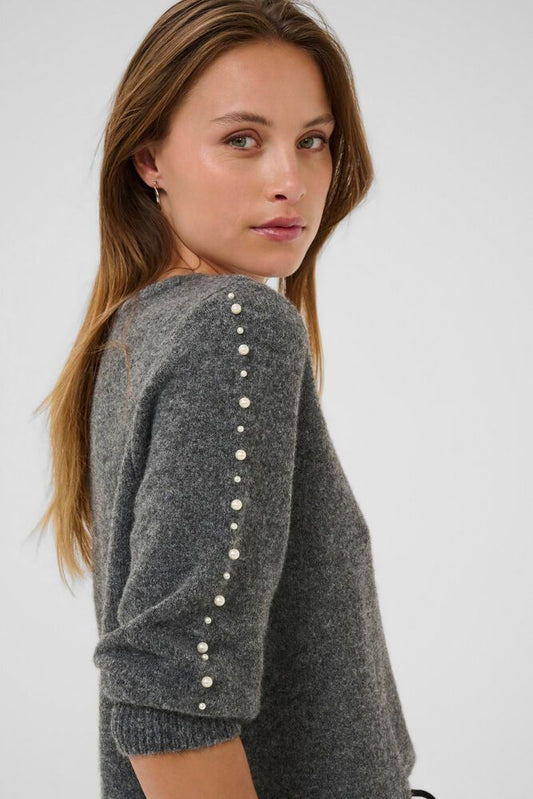 Kaffe trui grijs met parels driekwart mouw model KaBetty pullover grey melange