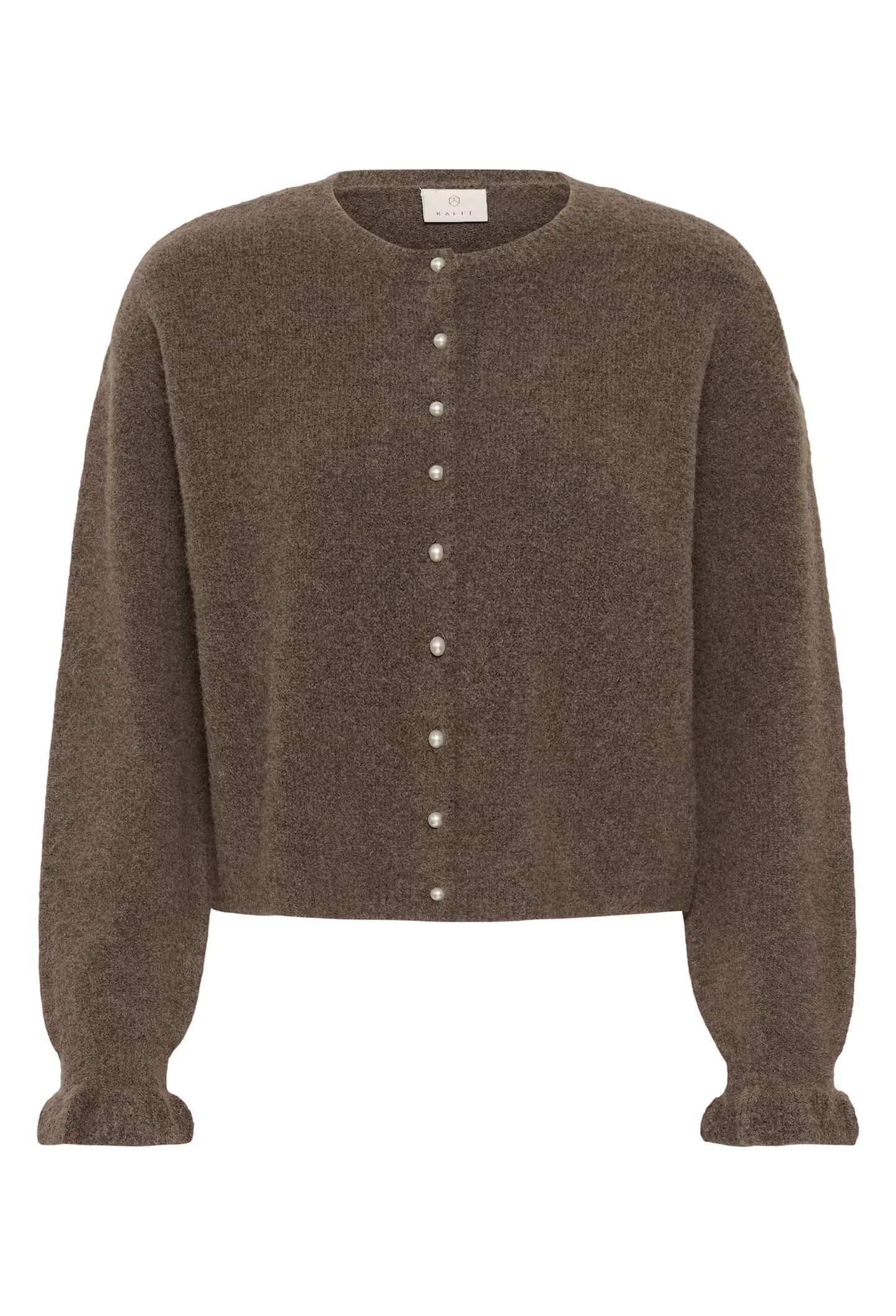 Kaffe vest taupe morel kleur met parel knoopjes ruffle mouw KAcourson knit cardigan 