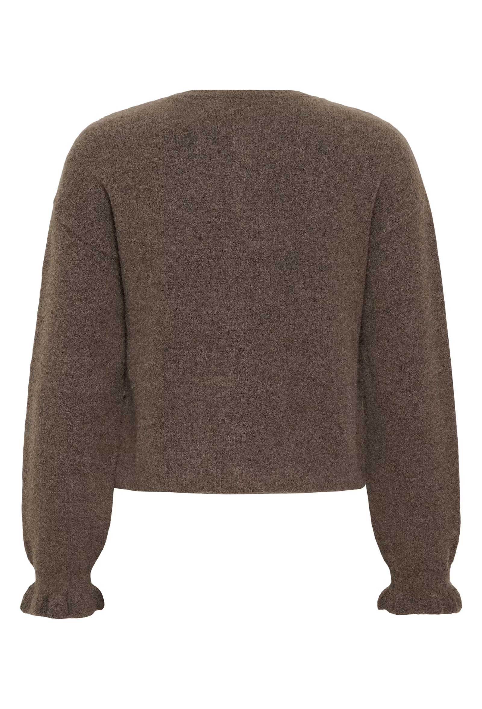 Kaffe vest taupe morel kleur met parel knoopjes ruffle mouw KAcourson knit cardigan 