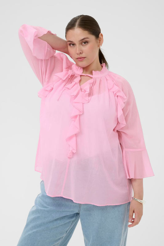 Kaffe Curve blouse roze met ruffle model KCflori pink frosting