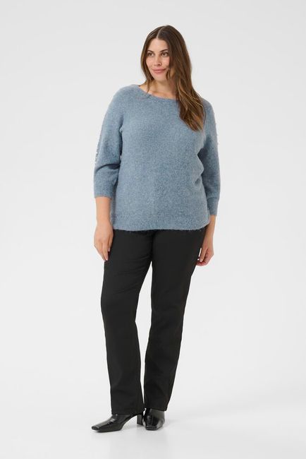Kaffe Curve trui blauw gemeleerd met parels driekwart mouw model KCletty blue melange