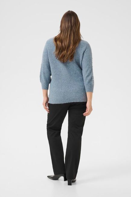 Kaffe Curve trui blauw gemeleerd met parels driekwart mouw model KCletty blue melange