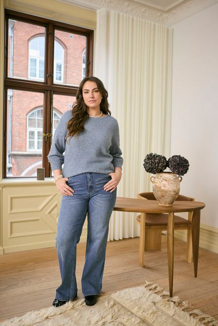 Kaffe Curve trui blauw gemeleerd met parels driekwart mouw model KCletty blue melange