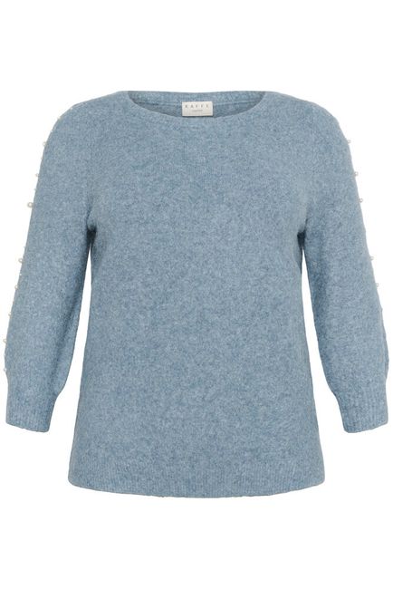 Kaffe Curve trui blauw gemeleerd met parels driekwart mouw model KCletty blue melange