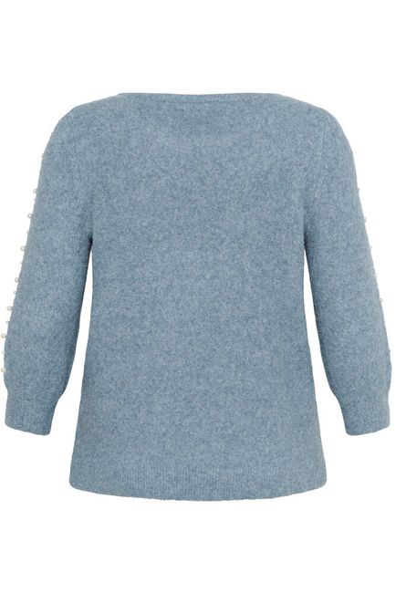 Kaffe Curve trui blauw gemeleerd met parels driekwart mouw model KCletty blue melange