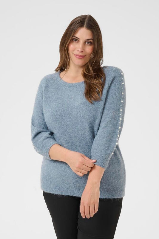 Kaffe Curve trui blauw gemeleerd met parels driekwart mouw model KCletty blue melange