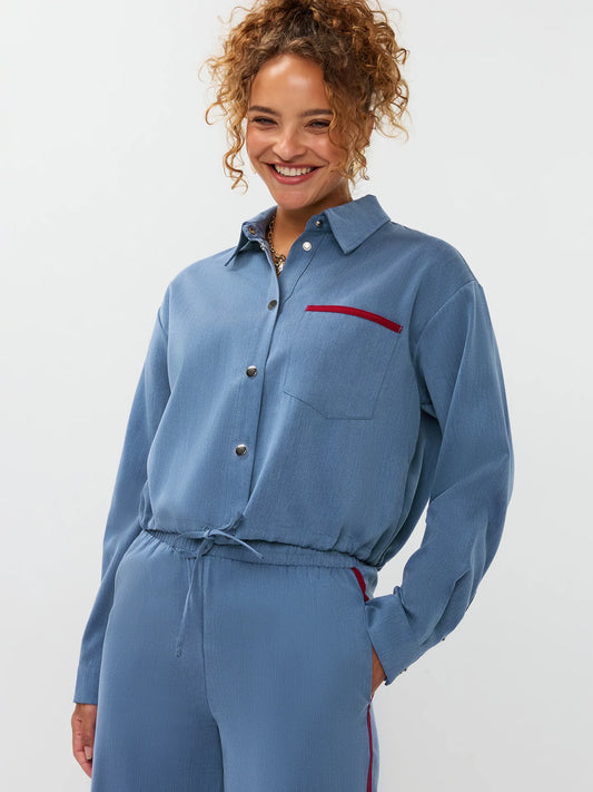 Ydence blouse cropped fit denim blue kess blauw rood