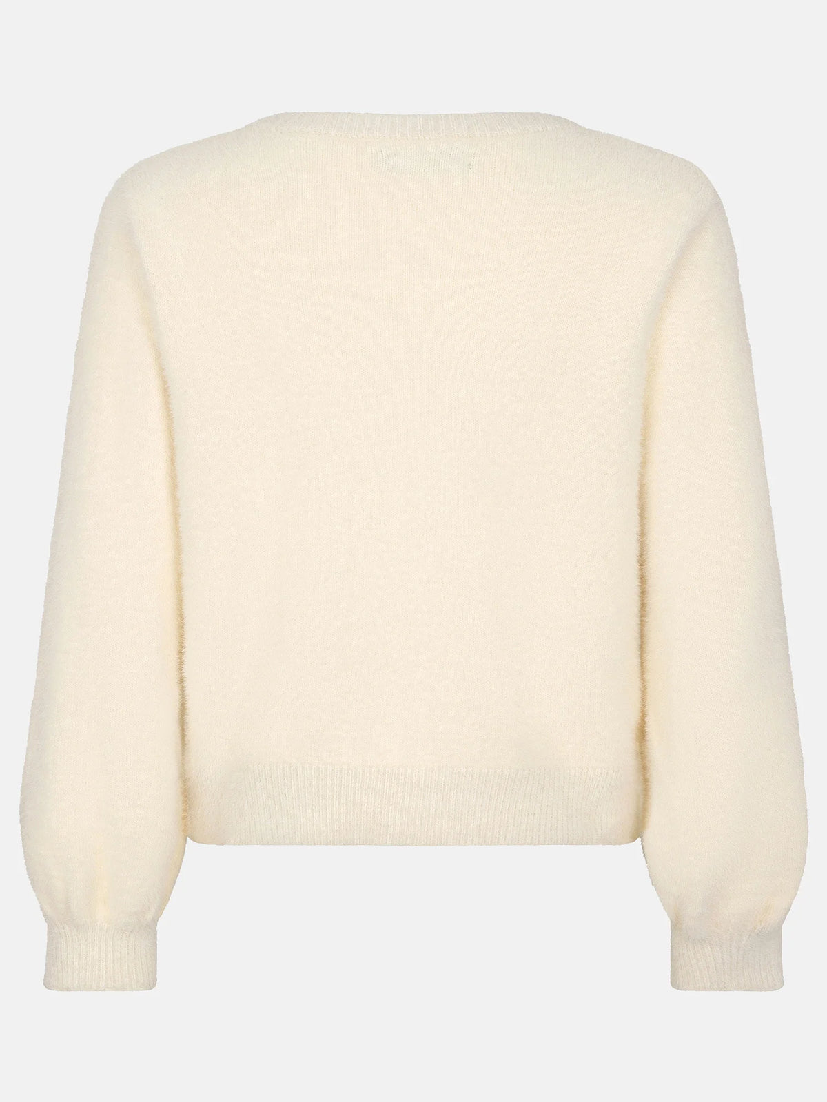 Ydence vest offwhite fluffy met roosjes knopen model Maaike cardigan