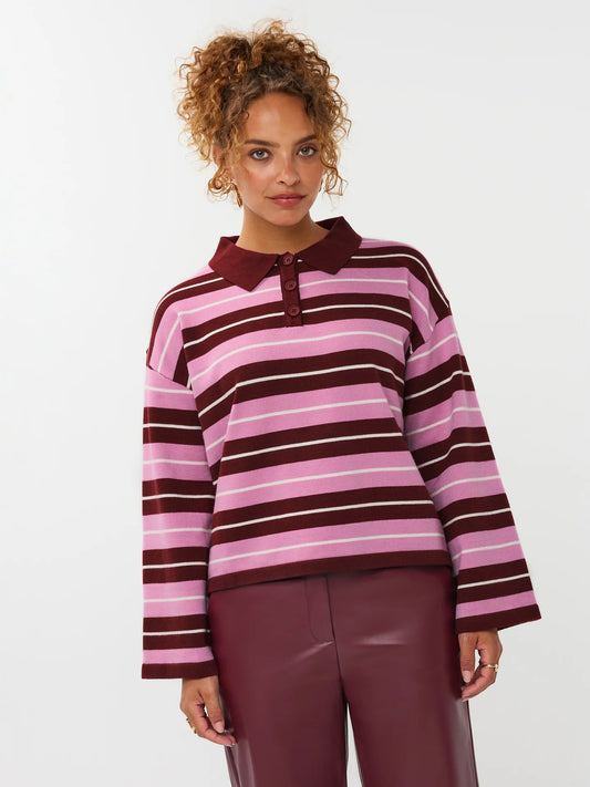 Ydence trui polo gestreept rood met roze model Knitted top Balou burgundy pink