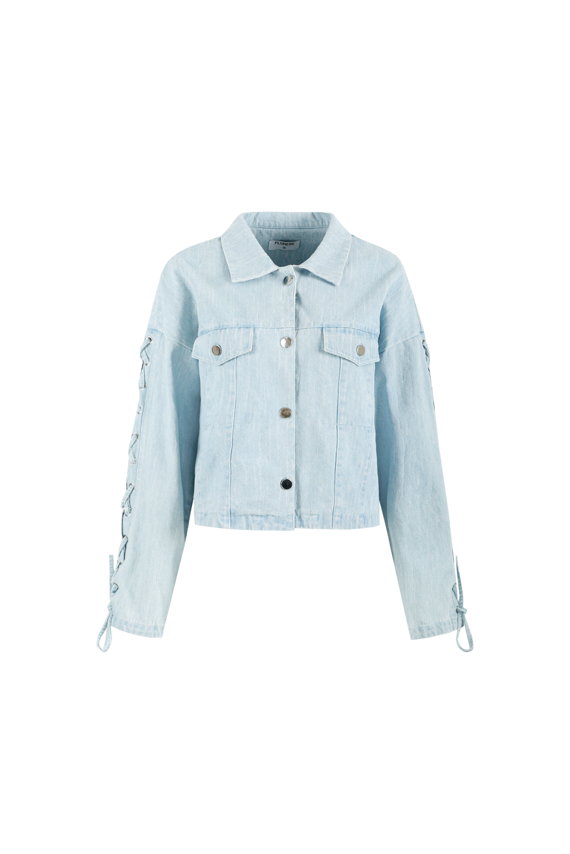 Fluresk jeans jasje licht blauw met veter op mouw model Meliora jacket denim light blue