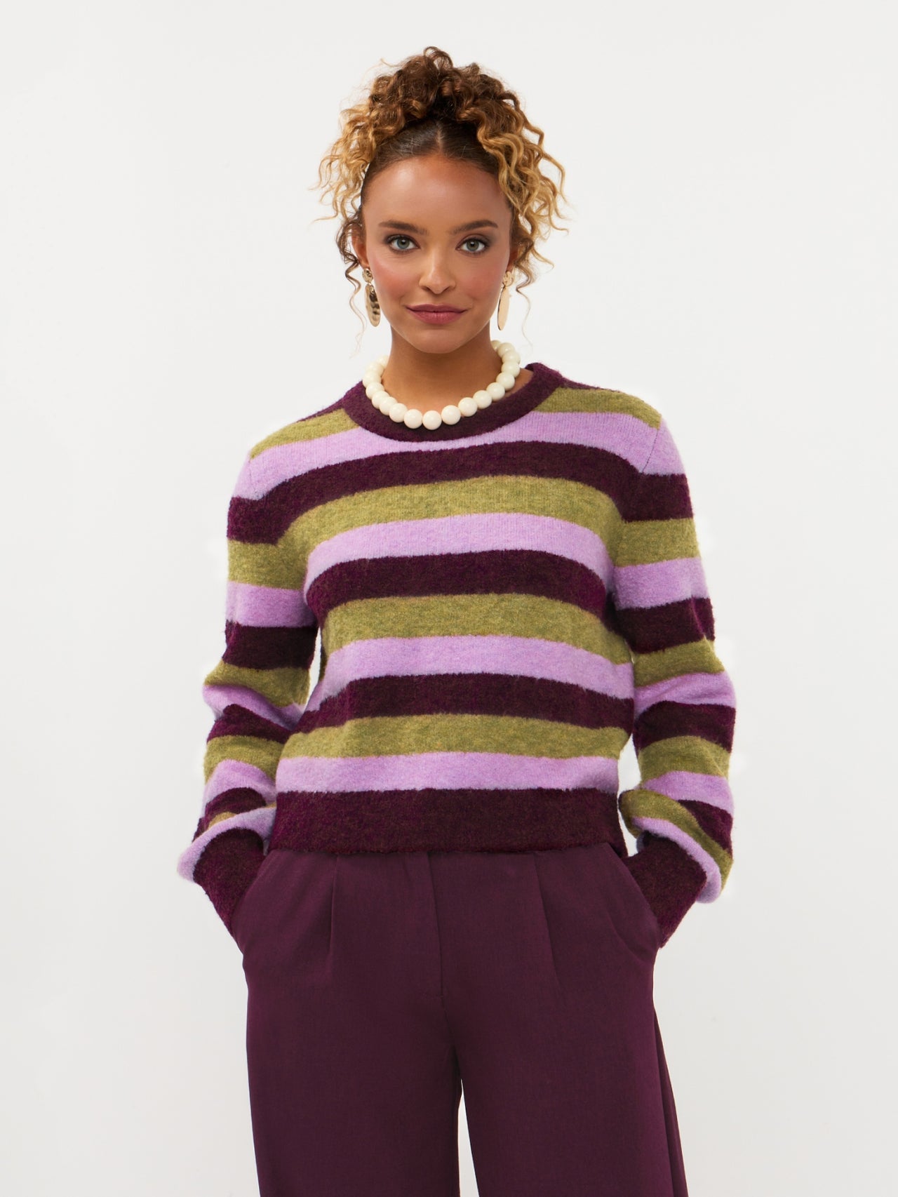 Ydence trui strepen groen bordeaux lila model Knitted sweater Aurora Aubergine