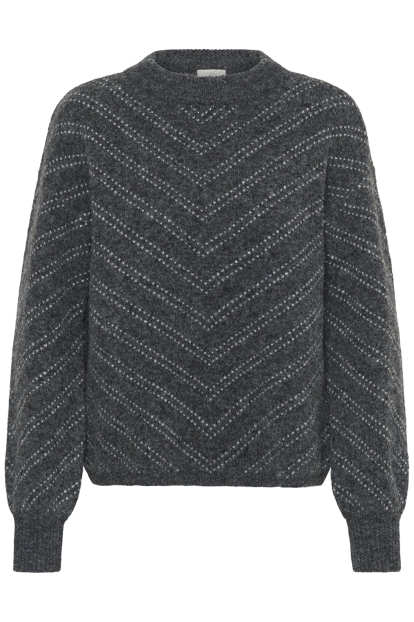 Kaffe trui grijs met print model KAhillery Pullover Dark Grey melange Chalk Stripe Grey