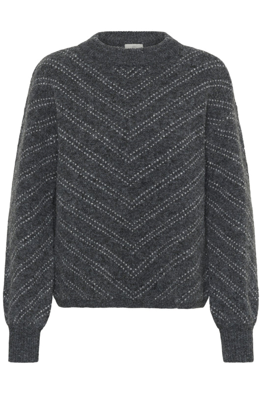Kaffe trui grijs met print model KAhillery Pullover Dark Grey melange Chalk Stripe Grey