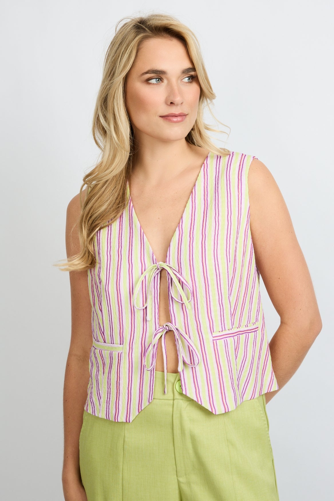 Fluresk gilet strepen lila en groen model Beatriz Orchid purple vivid pistache 