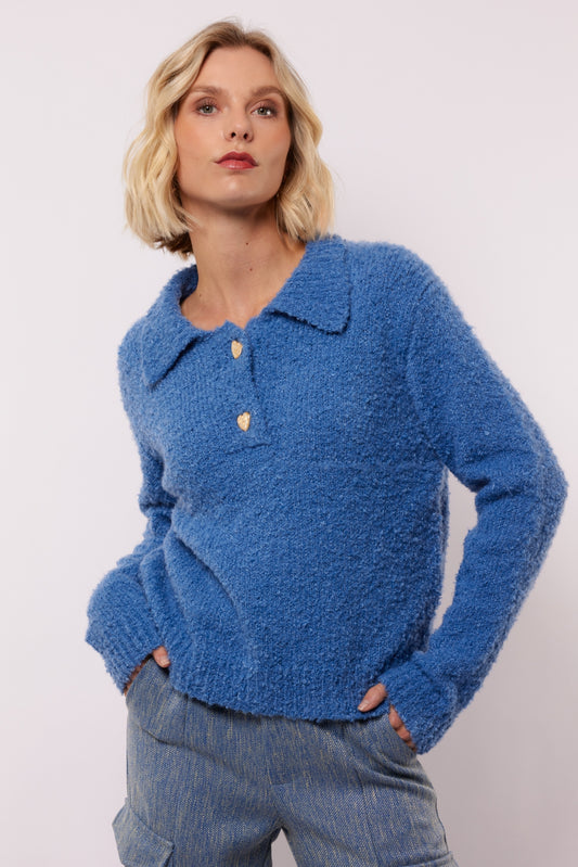 Fluresk trui polo boucle blauw model Zorins knit sweater crisp blue