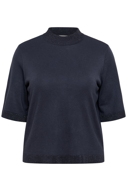 Kaffe Curve trui korte mouw blauw grijs met lurex kraag model Graphite