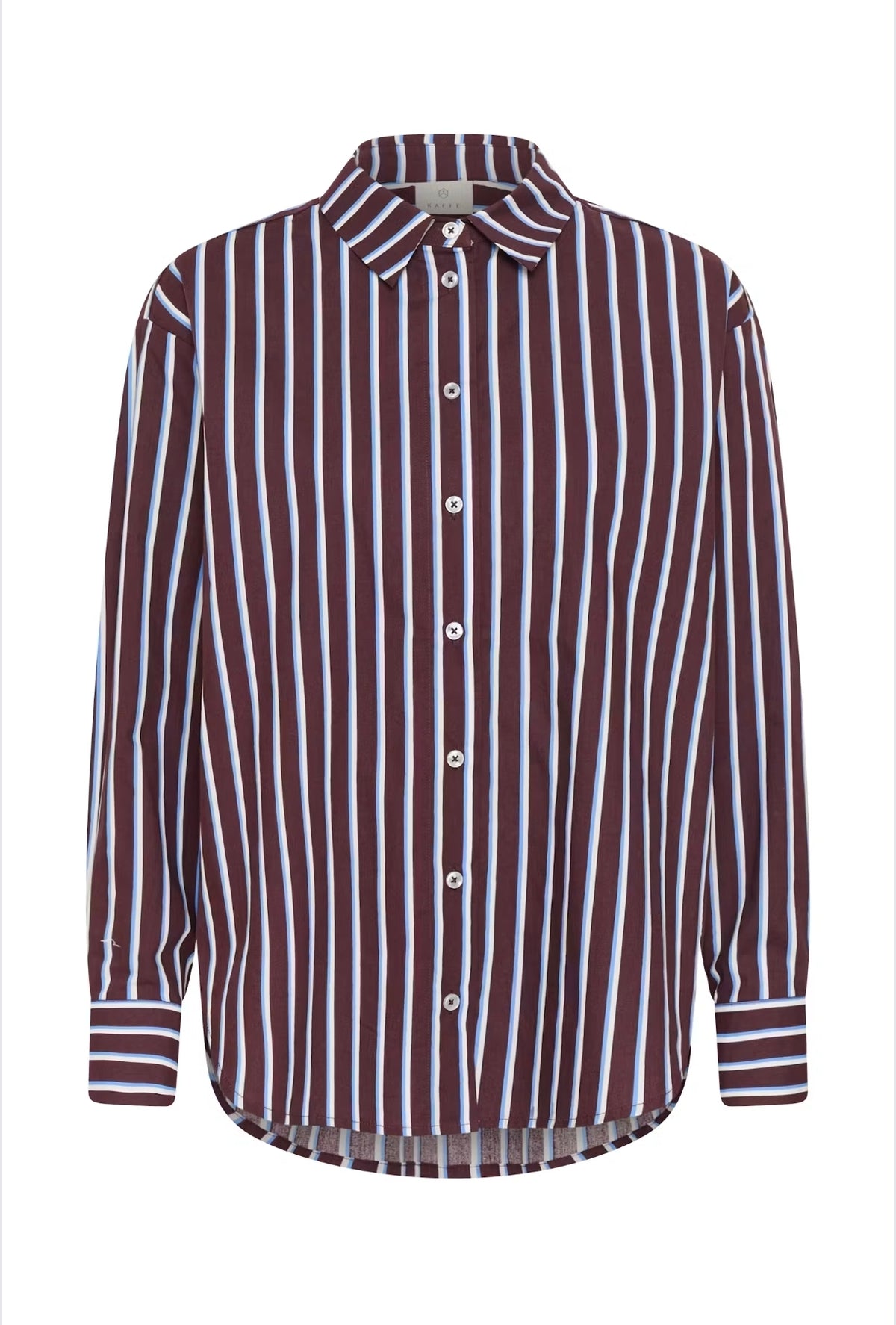 Kaffe blouse bordeaux met blauw en offwhite strepen pinstripe model KAgavina Gestreept Overhemd fudge chalk 