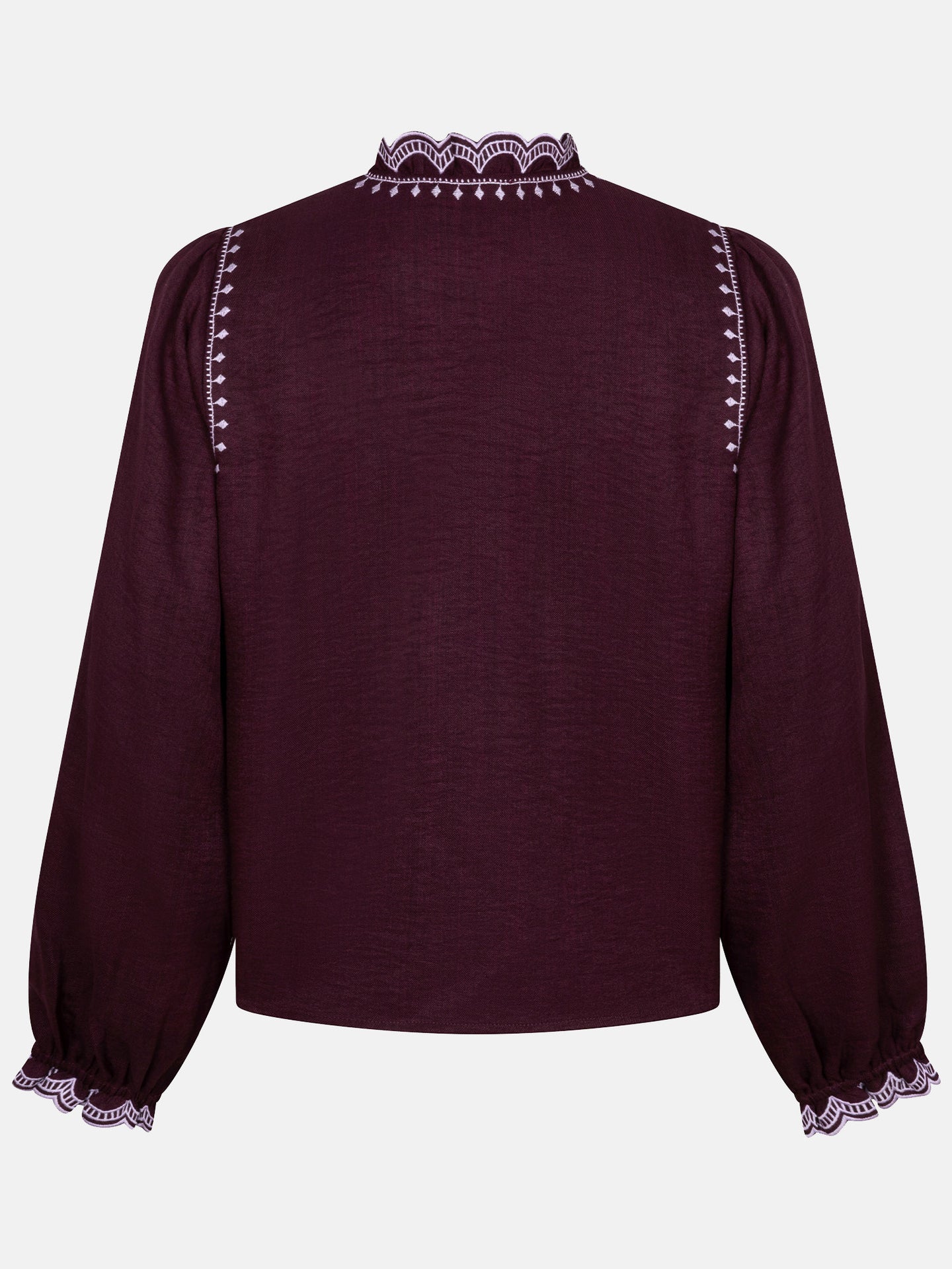 Ydence blouse aubergine met lila detail model Hannah Plum