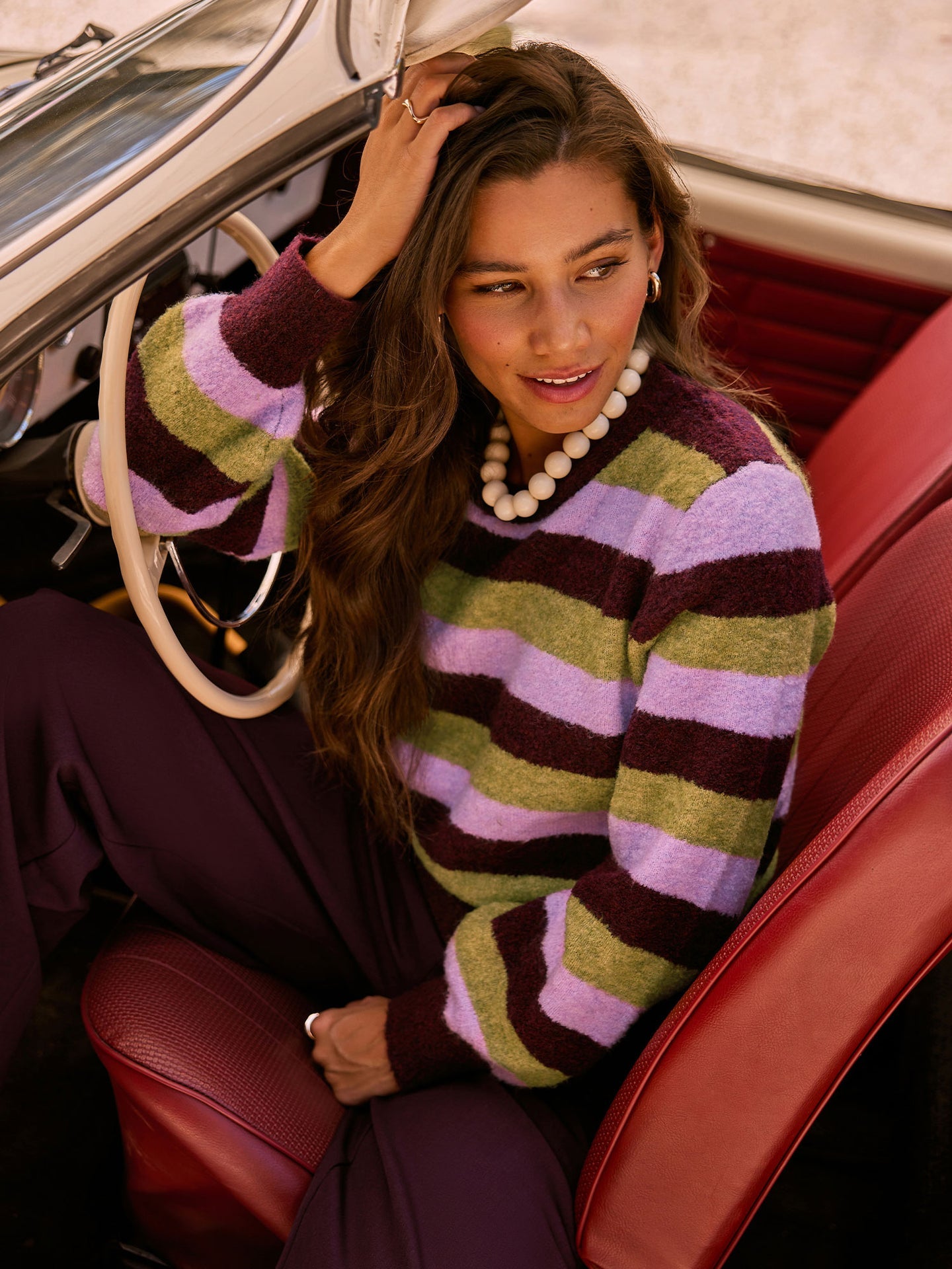 Ydence trui strepen groen bordeaux lila model Knitted sweater Aurora Aubergine