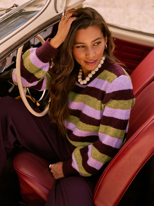 Ydence trui strepen groen bordeaux lila model Knitted sweater Aurora Aubergine