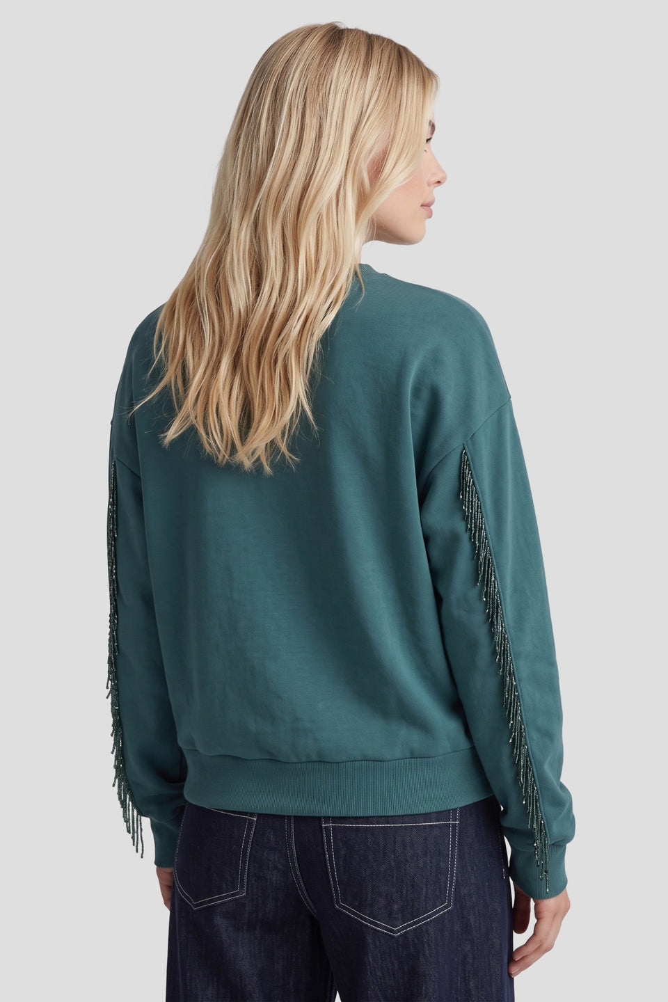 Fluresk sweater petrol groen blauw met kraaltjes detail op mouw Jessie trui azuur green 