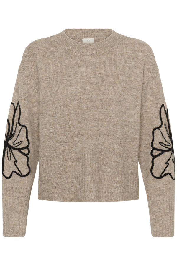 Kaffe trui beige met zwarte bloem model KAerin Pullover Desert taupe black flower embroidery