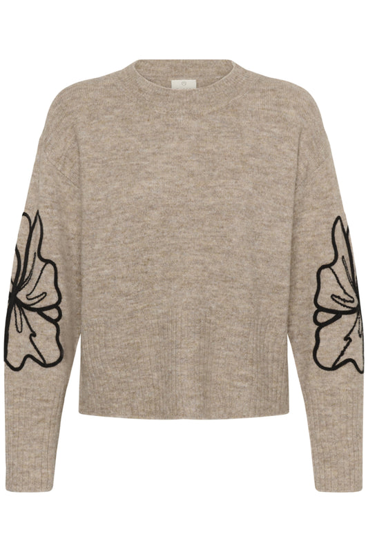 Kaffe trui beige met zwarte bloem model KAerin Pullover Desert taupe black flower embroidery