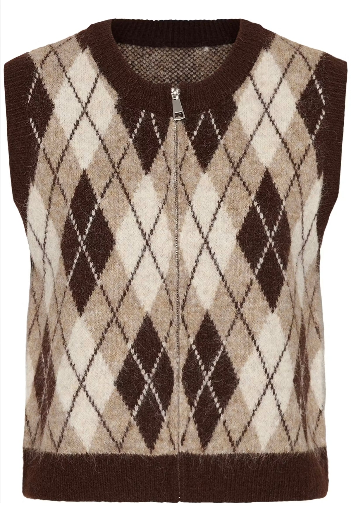 Cream spencer ruit bruin model CRmirea knit vest fudge argyle 