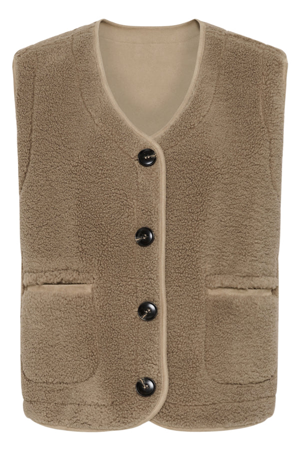 Kaffe gilet suède 2 zijdig model KAlinn Reversible Teddy Vest  Desert Taupe Brown