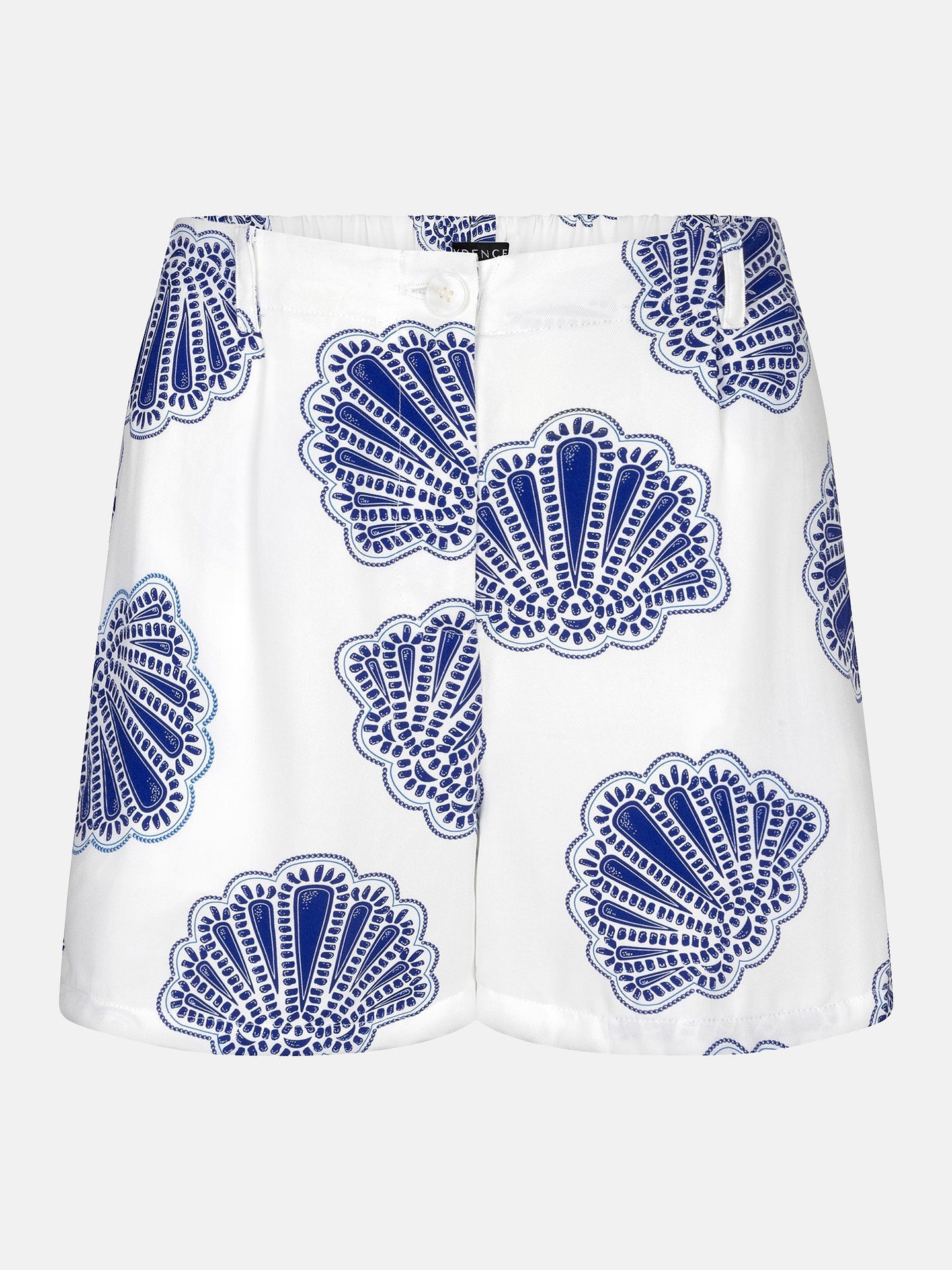 Ydence korte broek wit met kobalt blauwe schelpen print model Short Nadia Blue shells