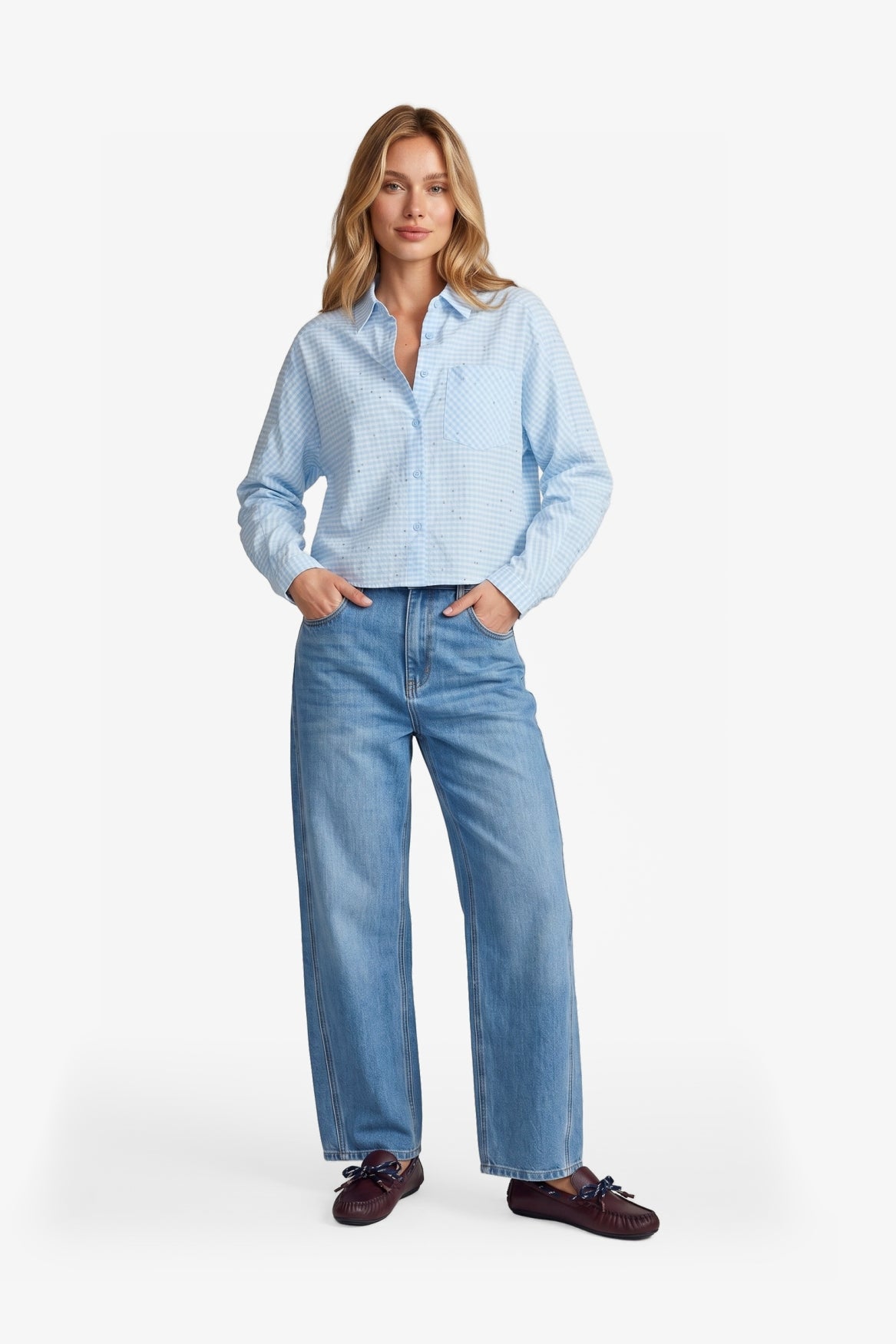 Fluresk blouse lichtblauw Vichy print met strass steentjes model Benja Celestial blue