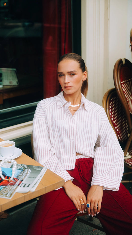 Refined Department blouse offwhite rood gestreept korter wijd model