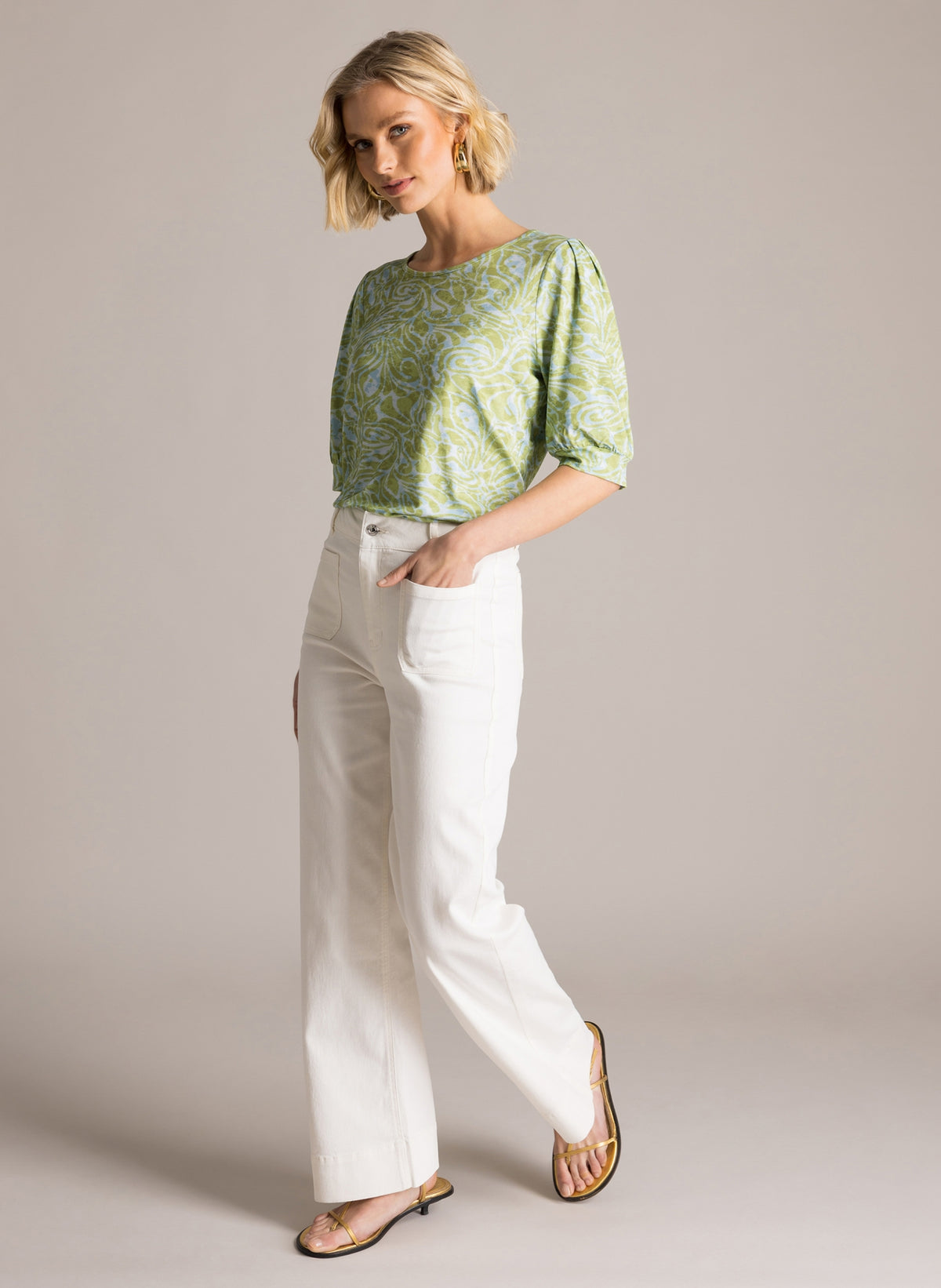 Yest T-shirt groen met blauwe print model Gentiana Essential Botanic Green/Multi