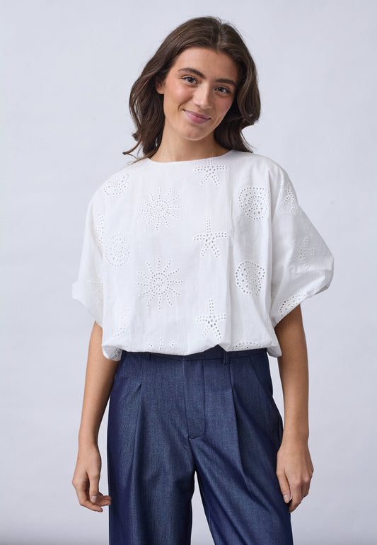 Sisters Point blouse wit broderie pof model Gufo top4 White 