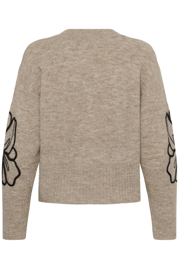 Kaffe trui beige met zwarte bloem model KAerin Pullover Desert taupe black flower embroidery