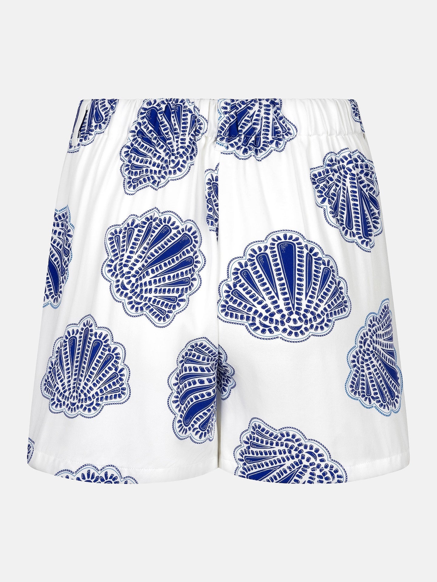 Ydence korte broek wit met kobalt blauwe schelpen print model Short Nadia Blue shells