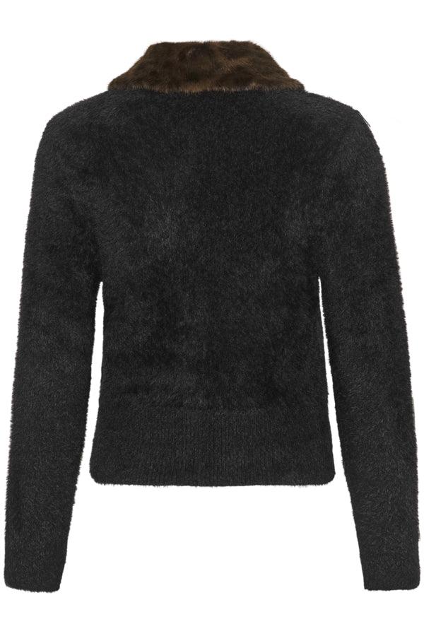 Cream vest zwart met afneembare panterkraag model CRInaya Knit Cardigan Pitch Black
