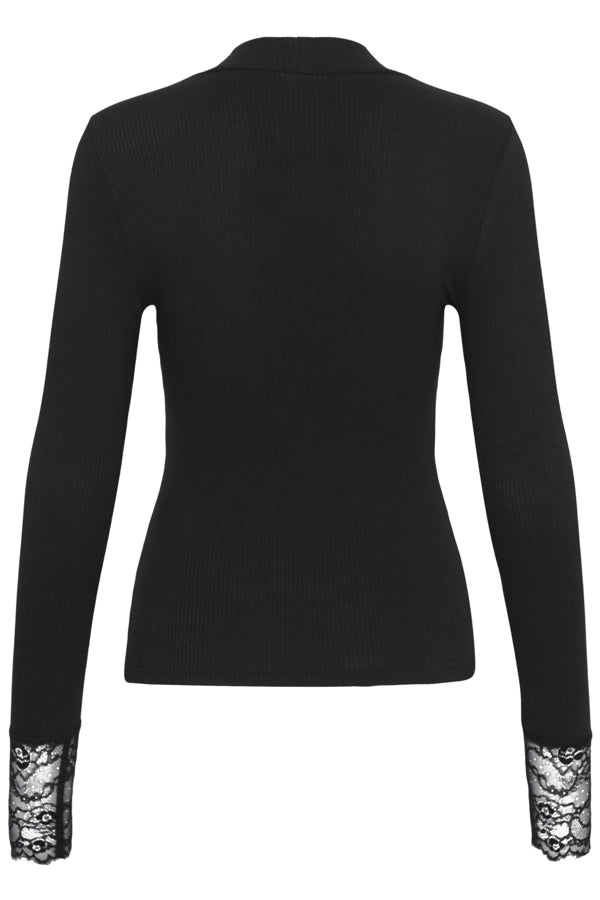 Kaffe longsleeve zwart met kant afgewerkt model KAomi Turtleneck T-Shirt Black Deep