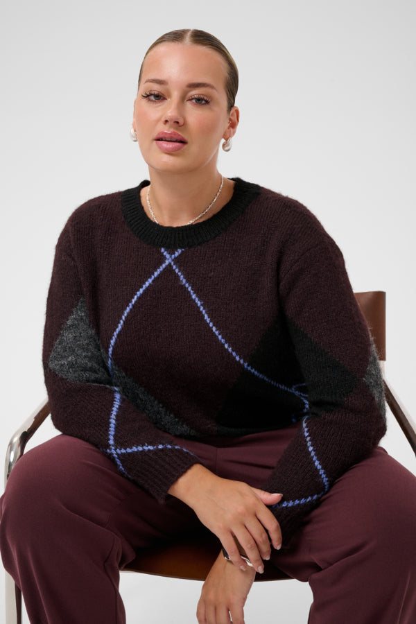 Kaffe Curve aubergine trui KCkit Argyle Pullover met Wol