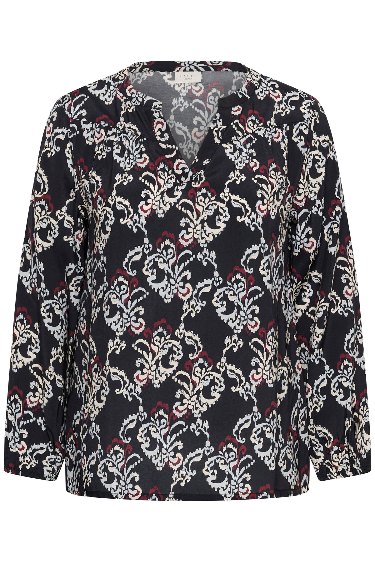 Kaffe Curve blouse zwart met rood en witte print model KChipe black port 